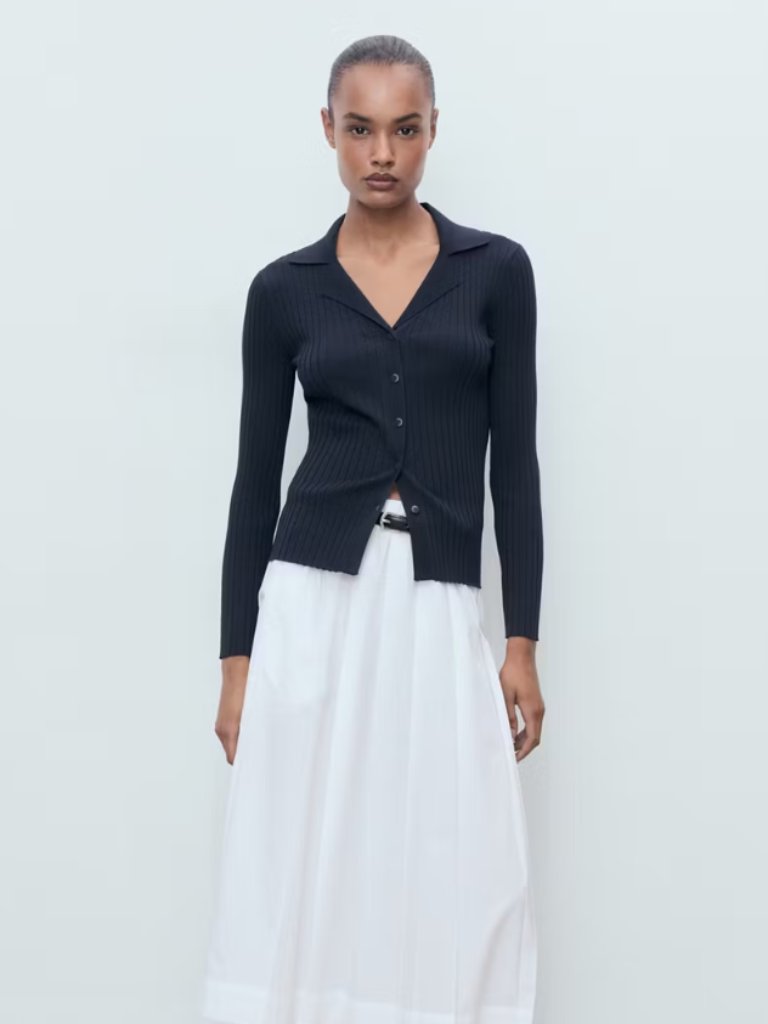 Mango Black Ribbed Button-Up Cardigan